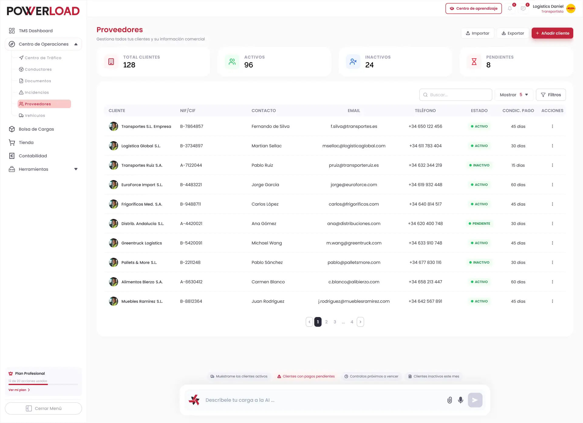 Powerload TMS workspace screenshot